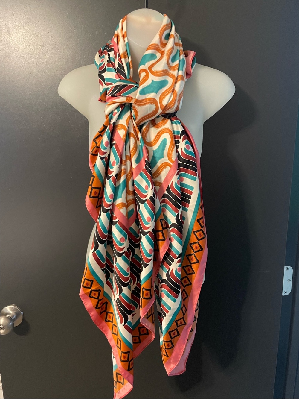 Zara Retro Geometric Print Square Scarf Shawl Pink Orange Teal 52x52 NWT